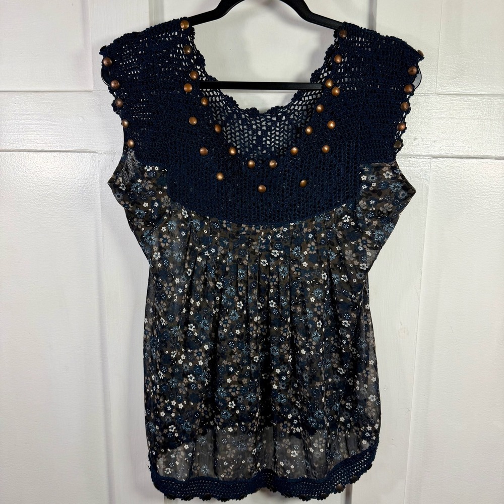 HazelHaze Crochet Top Floral Sheer Blouse Embellished Beaded XS